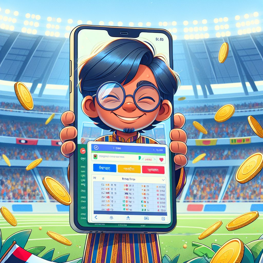 Cartoon bettor with a phone showing odds, coins, and a sports stadium vibe