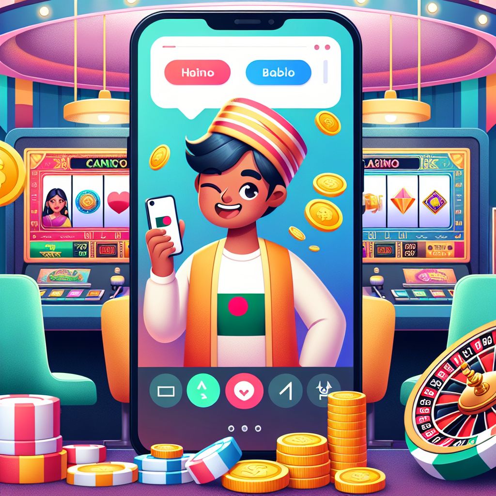 Cartoon casino scene with a character holding chips and a phone showing a casino app