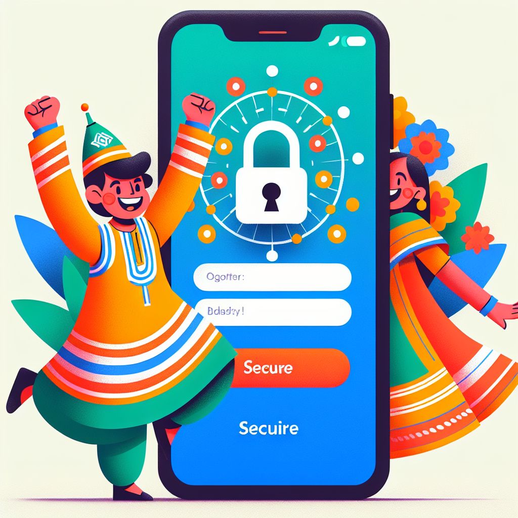 Cartoon character holding a phone with a secure login screen and Bangladesh-themed accents