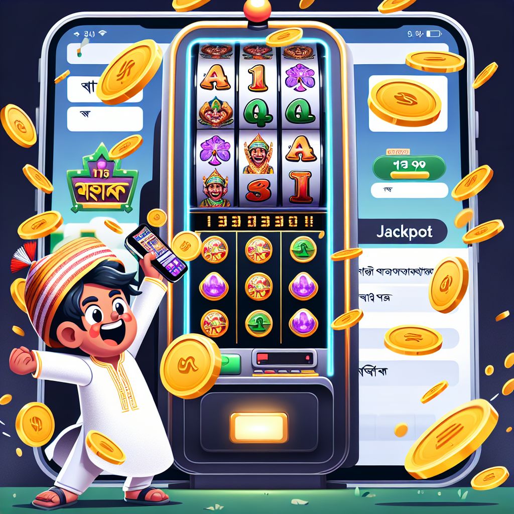 Cartoon slot player in Bangladesh with spinning reels, coins, and jackpot lights
